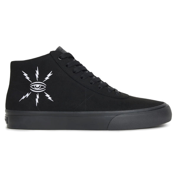 The WAR SAW X TEMPLETON CHAPTER MID BLACK / BLACK sneaker by WAR SAW is a black high-top crafted from premium pig suede, featuring an embroidered eye and lightning bolts on the side. It is perfect for skate-inspired footwear with its non-slip outsole providing added grip.