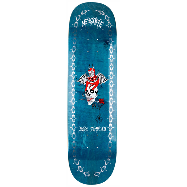 A WELCOME ANGEL ON ENENRA skateboard deck with a skull and crossbones on it, featuring an 8.5-inch width.