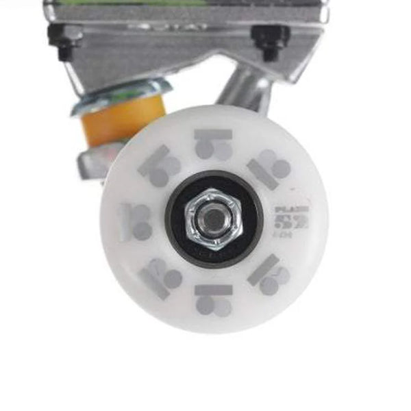 Close-up of a single Plan B MACRO COMPLETE skateboard wheel with bearing and truck mount visible.