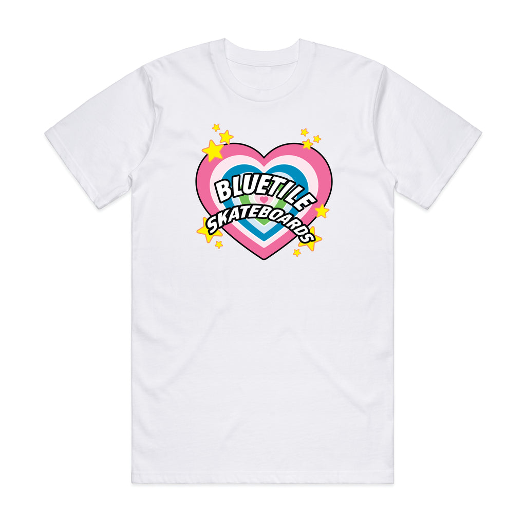 A Bluetile Skateboards BLUETILE RADIANT HEART LOGO TEE WHITE *PRE-ORDER with a radiant heart on it.