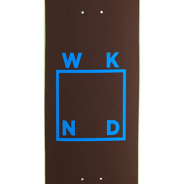 The WKND LOGO BROWN BLUE is an 8.5" skateboard deck by WKND, featuring a brown finish, blue square outline, WKND logos in each corner, and a classic shovel nose shape.