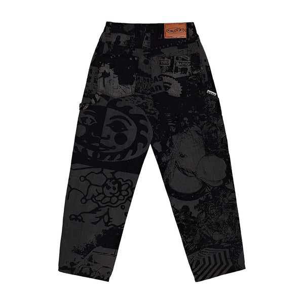 The WKND Damn Near Carpenters Black Horses pants feature relaxed-fit carpenter denim with an all-over black graphic print, side pockets, and WKND embroidery on a leather waistband patch.