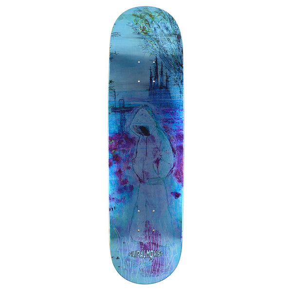 A WKND FILIP ALMQVIST SD2 skateboard deck with a shovel nose, featuring blue and purple artwork of a hooded figure in a robe before a castle-like building.