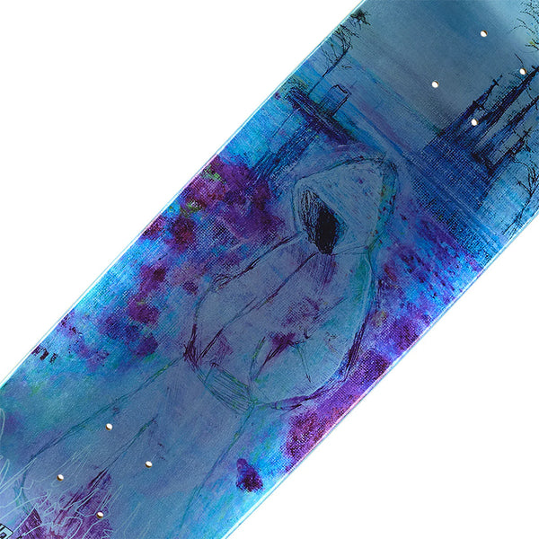 The WKND FILIP ALMQVIST SD2 skateboard deck from WKND features artwork of a hooded figure with hands in pockets against a blue and purple abstract cityscape, plus a distinctive shovel nose design.