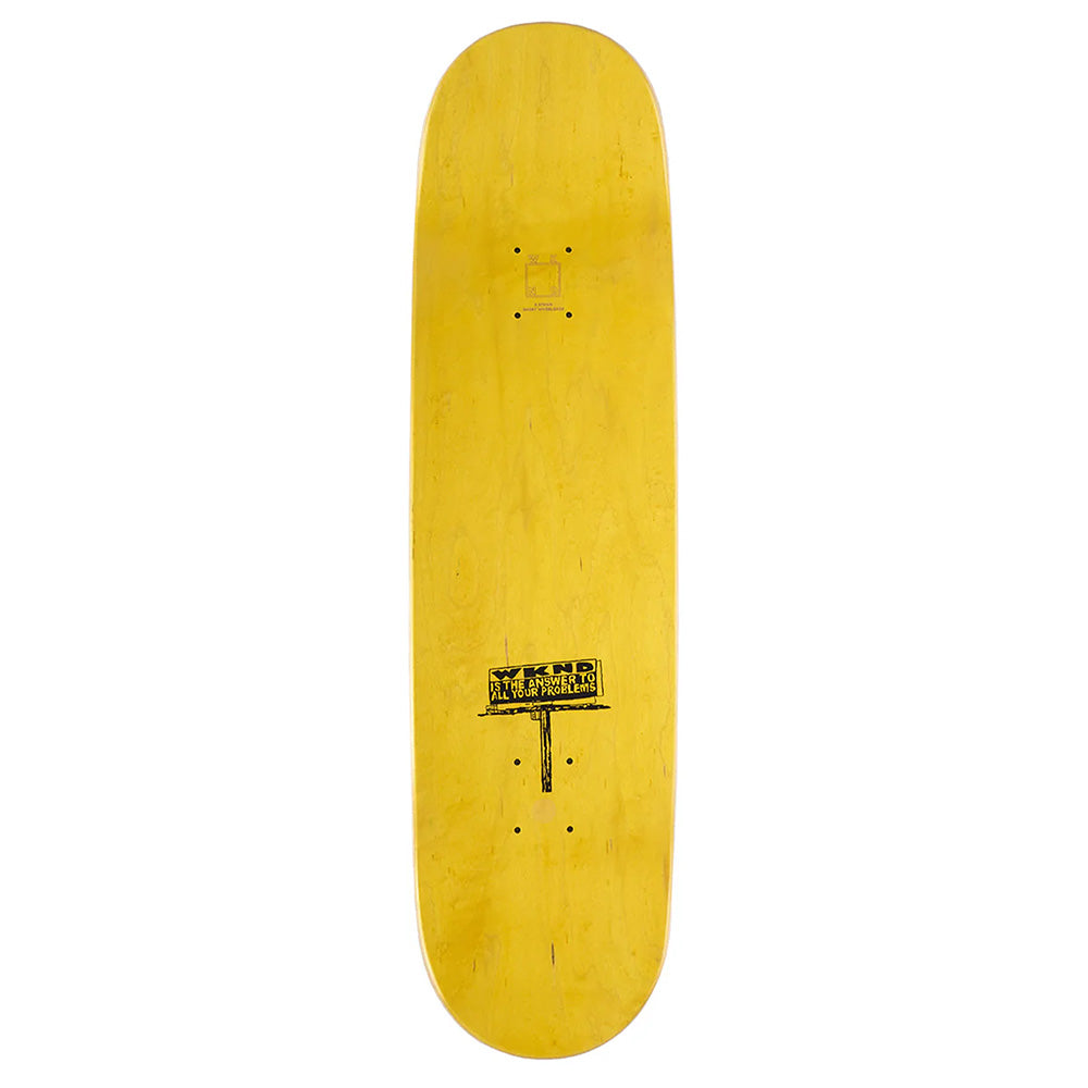 A yellow WKND FILIP ALMQVIST SD2 skateboard deck featuring a small black center graphic and text; designed with a shovel nose and sold without grip tape, trucks, or wheels.