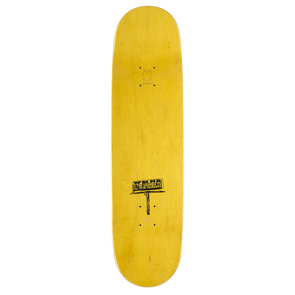 A yellow WKND JORDAN TAYLOR SD1 8.25" skateboard deck by WKND with a black graphic design and multiple truck holes, shown against a white background.
