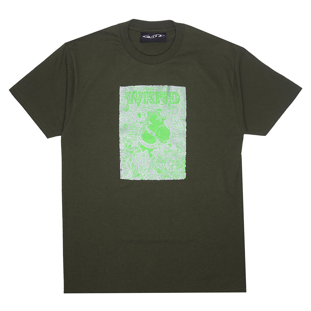 The WKND HORSE TEE OLIVE by WKND features a neon green chest graphic with "WKND" above an abstract design, printed in Los Angeles on 100% cotton for quality and comfort.