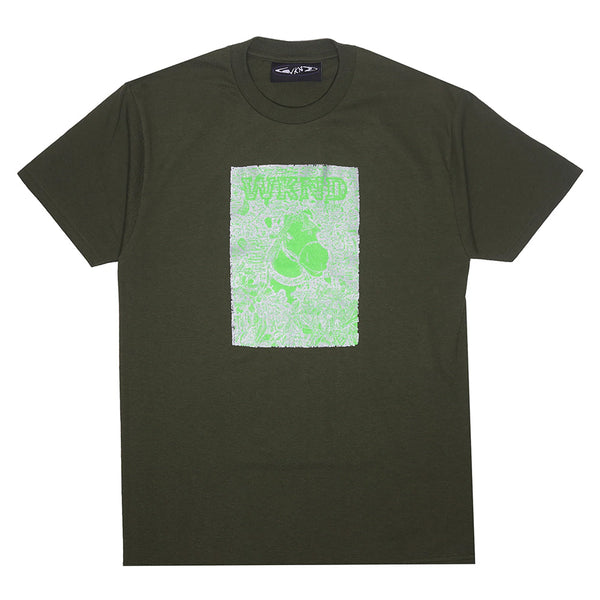 The WKND HORSE TEE OLIVE by WKND features a neon green chest graphic with "WKND" above an abstract design, printed in Los Angeles on 100% cotton for quality and comfort.