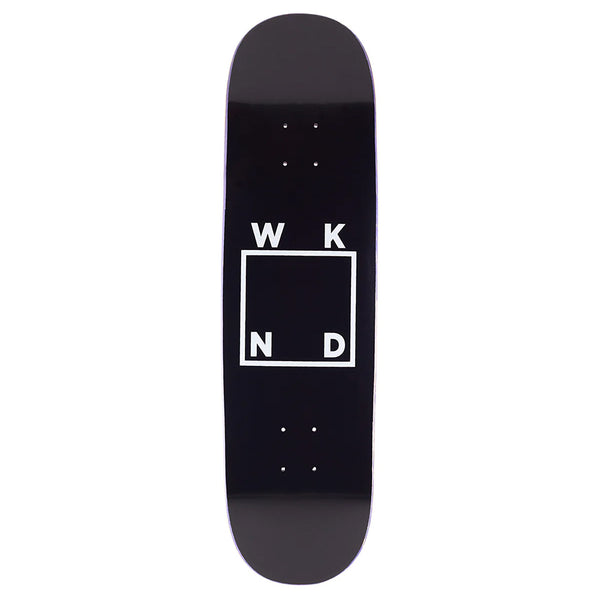 The WKND LOGO BLACK WHITE 8.375" skateboard deck by WKND features a black base with a white outlined center square and the WKND logo at each corner—ideal for riders wanting a short wheelbase skateboard.