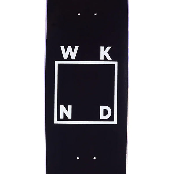 The WKND LOGO BLACK WHITE skateboard deck by WKND features a black 8.375" design with a white square WKND logo and "W K N D" at each corner, ideal for riders who prefer a short wheelbase.