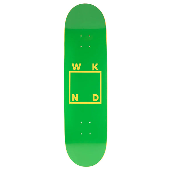 The WKND LOGO GREEN YELLOW deck by WKND is a green 8.25" skateboard deck with medium concave, featuring a yellow-outlined square and the WKND logo letters in each corner.