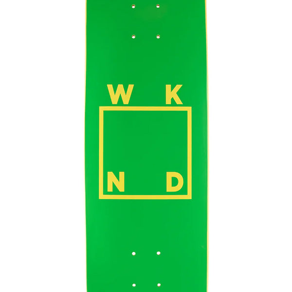 The WKND LOGO GREEN YELLOW 8.25" skateboard deck by WKND features a green design with a yellow outlined square, WKND logo letters at each corner, and a medium concave for balanced control.