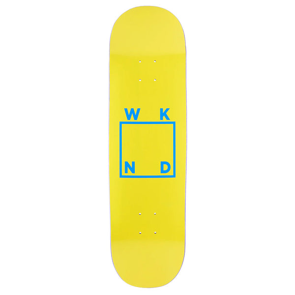 The WKND LOGO YELLOW BLUE 8.6" skateboard deck by WKND features a yellow finish, blue-outlined square logo with "W K N D" at the corners, and a unique shovel nose design.