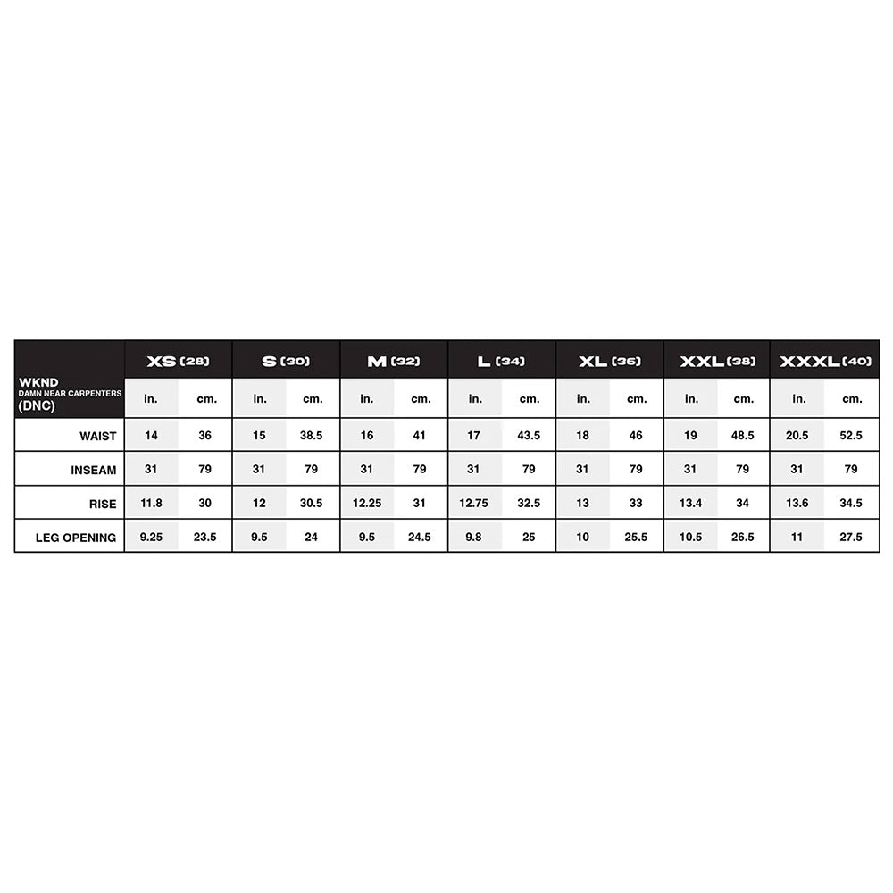 Size chart for Butter Goods WKND Damn Near Carpenters Black Horses denim, showing waist, inseam, rise, and leg opening in inches/cm for sizes XS (28) to XXXL (40). Features WKND embroidery and double knee jeans.