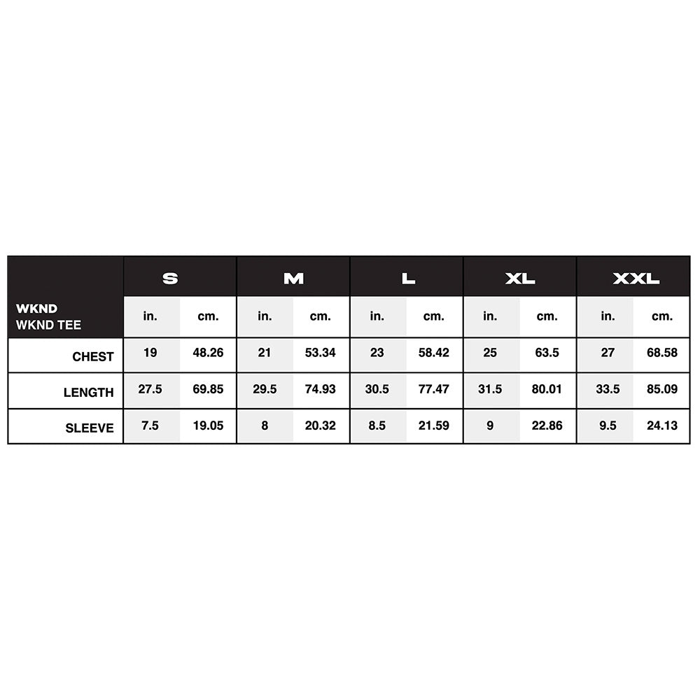 Size chart for WKND HORSE TEE OLIVE by WKND, printed in Los Angeles on 100% cotton. Shows chest, length, and sleeve measurements in inches and centimeters for sizes S–XXL.