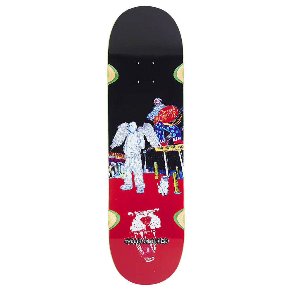 The WKND TANNER BURZINSKI SD4 skateboard deck by WKND features Tanner Burzinski’s pro model with a winged figure, small animal, and neon signs on a red and black background in mellow concave.