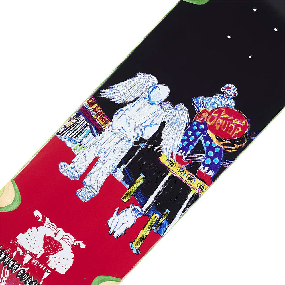 The WKND TANNER BURZINSKI SD4 skateboard deck features colorful angel, clown, and animal artwork on a red and black background. It has the SD4 mellow concave for control and is part of the Tanner Burzinski Pro Model series by WKND.