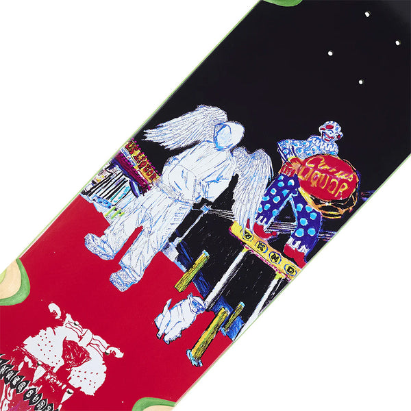 The WKND TANNER BURZINSKI SD4 skateboard deck features colorful angel, clown, and animal artwork on a red and black background. It has the SD4 mellow concave for control and is part of the Tanner Burzinski Pro Model series by WKND.