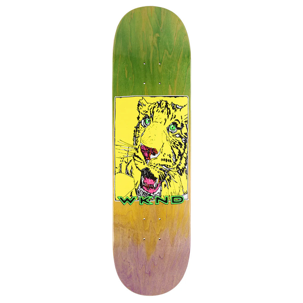 The WKND TIGER TIE-DYE by WKND features a green to purple gradient and a bold yellow tiger graphic above the "WKND" text, reminiscent of Puffy Paint style.