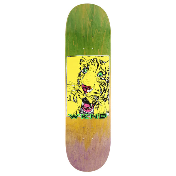 The WKND TIGER TIE-DYE by WKND features a green to purple gradient and a bold yellow tiger graphic above the "WKND" text, reminiscent of Puffy Paint style.