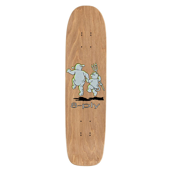 The WORLD INDUSTRIES MULLEN BEAR 8-PLY skateboard deck by WORLD INDUSTRIES is made from 8-ply Hard Rock Maple and features two blue cartoon elephants—one with a trident—and the text "8-ply" below them.
