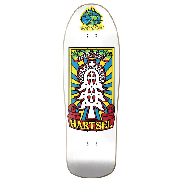 The WORLD INDUSTRIES HARTSEL YOUTH MODEL skateboard deck features North American Maple, vibrant graphics with bold yellow rays, and “HARTSEL” and “World Industries” text—built for strong pop and long-lasting performance.