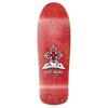A red WORLD INDUSTRIES HARTSEL YOUT MODEL skateboard deck, crafted from North American Maple and epoxy glue, has strong pop and showcases an open book with a pixelated cityscape graphic.
