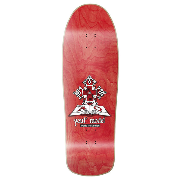 A red WORLD INDUSTRIES HARTSEL YOUT MODEL skateboard deck, crafted from North American Maple and epoxy glue, has strong pop and showcases an open book with a pixelated cityscape graphic.