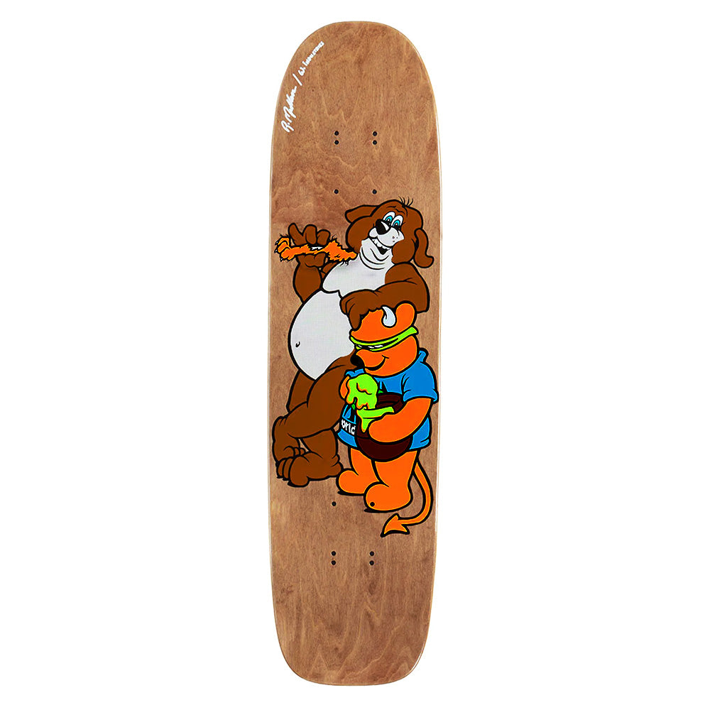 The WORLD INDUSTRIES MULLEN BEAR 8-PLY skateboard deck by WORLD INDUSTRIES features 8-ply hard rock maple and artwork of two cartoon dogs: a large brown dog holding a sausage and a small orange one in a blue shirt.