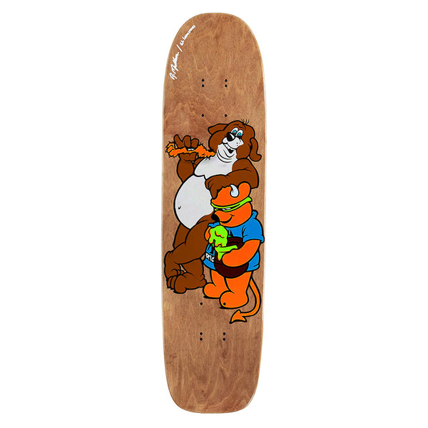 The WORLD INDUSTRIES MULLEN BEAR 8-PLY skateboard deck by WORLD INDUSTRIES features 8-ply hard rock maple and artwork of two cartoon dogs: a large brown dog holding a sausage and a small orange one in a blue shirt.