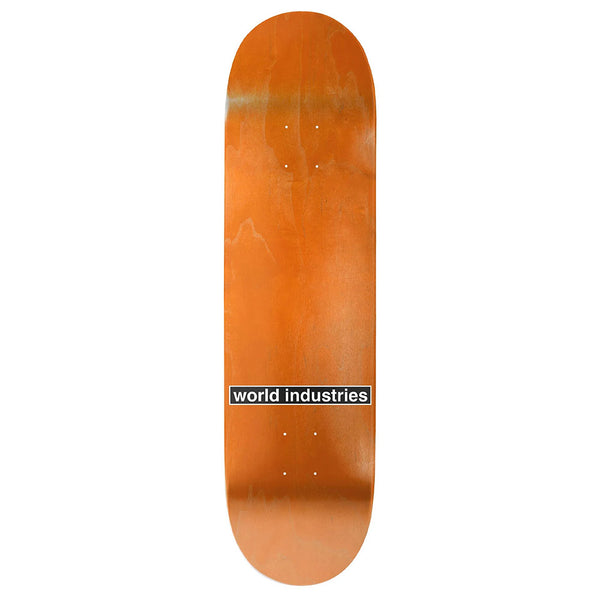 The WORLD INDUSTRIES SCRIBBLE ORANGE skateboard deck features durable North American Maple and a bold black-and-white "World Industries" logo at the center, delivering strong pop for every trick.