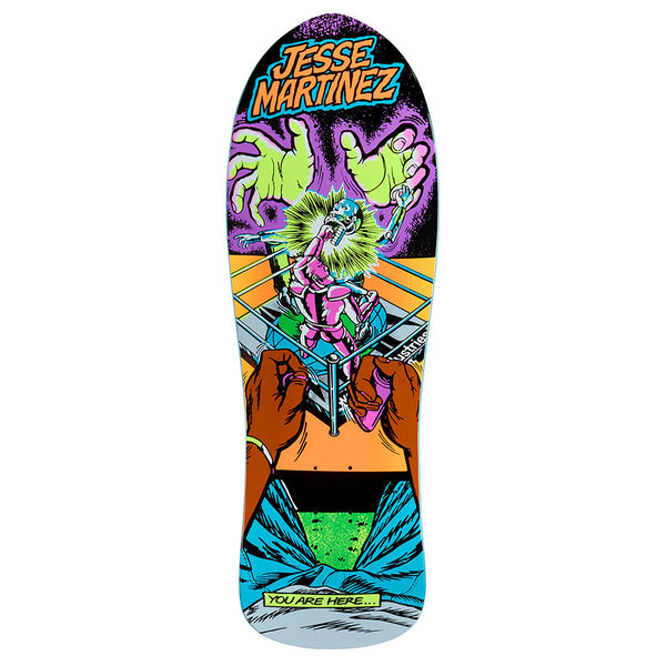 The WORLD INDUSTRIES MARTINEZ ROCK'EM SOCK'EM skateboard deck by WORLD INDUSTRIES features bold comic art of large hands controlling a small roped figure, "Jesse Martinez" atop, and "You are here..." at the bottom. Crafted from hard rock maple.