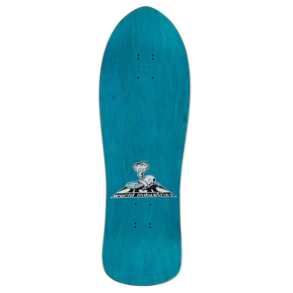 The WORLD INDUSTRIES MARTINEZ ROCK'EM SOCK'EM skateboard deck by WORLD INDUSTRIES features hard rock maple construction, a teal finish, and the brand’s iconic cartoon logo at the center.