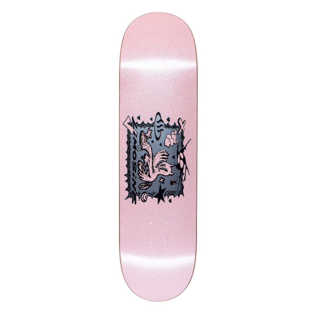 A LIMOSINE GOONIE skateboard with a black design on it.