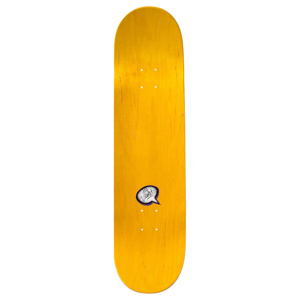 A yellow skateboard deck with a small graphic sticker near the center on a VIOLET “ODE TO KIM" FULL wheelbase against a white background.