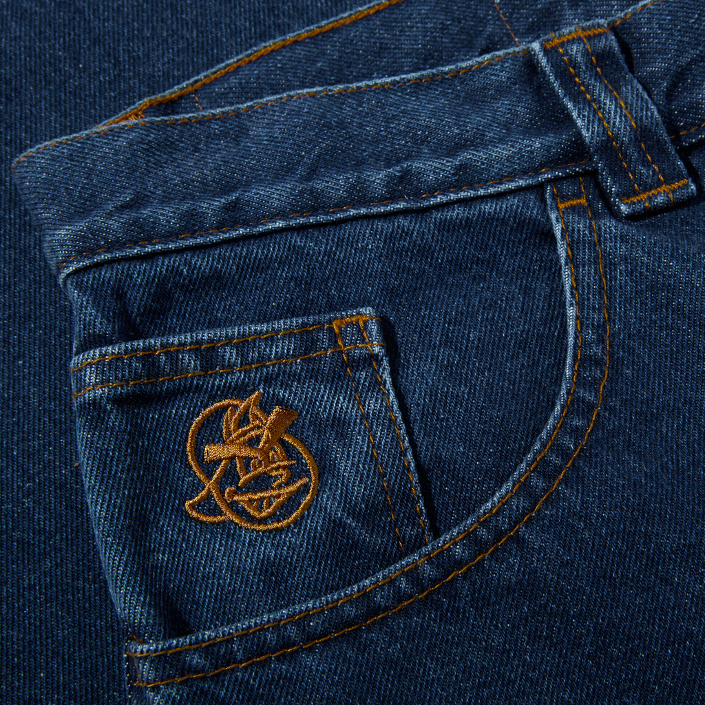 A close up of the pocket of a pair of POLAR '93! DENIM DARK BLUE jeans by POLAR.