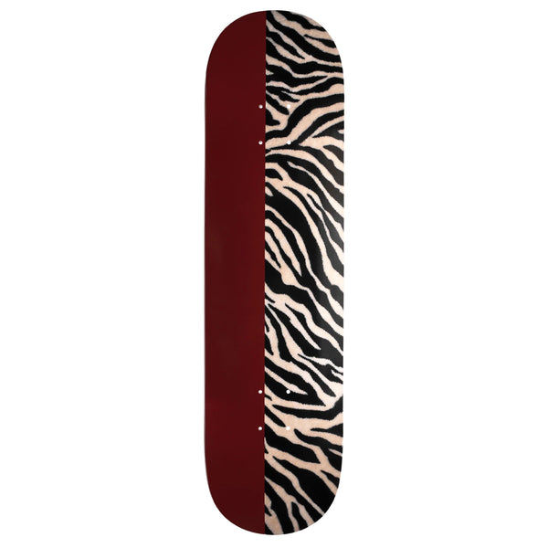A Violet skateboard deck featuring a split embossed leopard print design on the top and an Oxford Red underside.