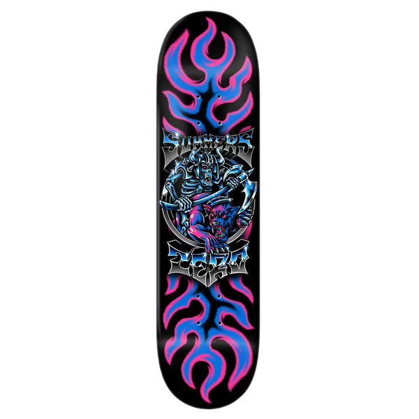 Introducing the ZERO SUMMERS CHROME skateboard deck, featuring a skeleton and demon design with blue and pink flames set against a black background. Crafted with durable Resin7 Construction, it proudly displays the text "Sinners & Saints.