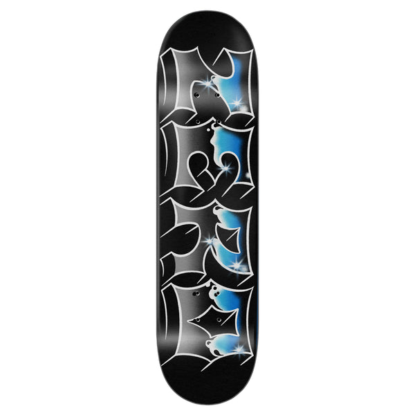 The ZERO CHROME skateboard deck from ZERO features sleek aesthetics with stylized text displayed in a black and blue gradient on a sophisticated black background.