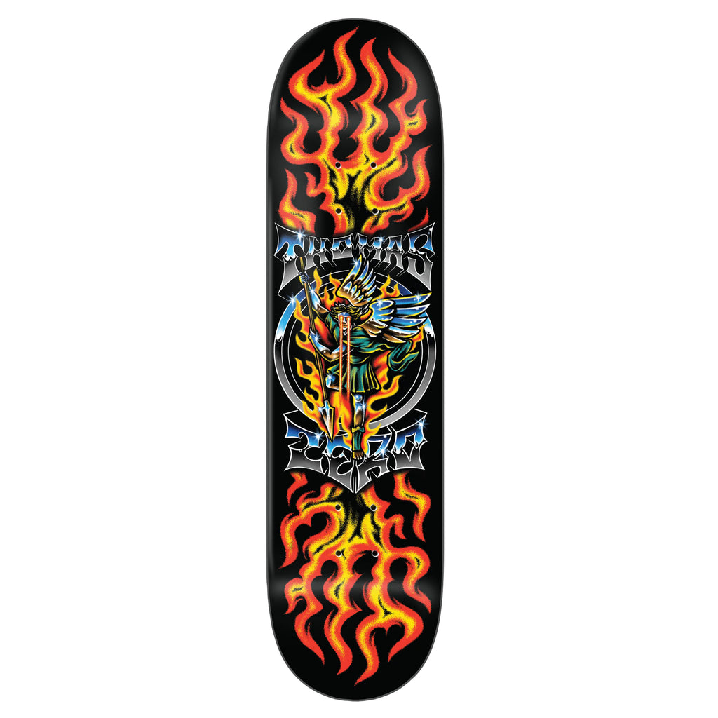 The ZERO THOMAS CHROME skateboard deck, measuring 8.375" x 32.1", features a striking design that includes a flaming sword with an angelic figure and tribal patterns set against a sleek black background, all constructed with durable Resin7 material.