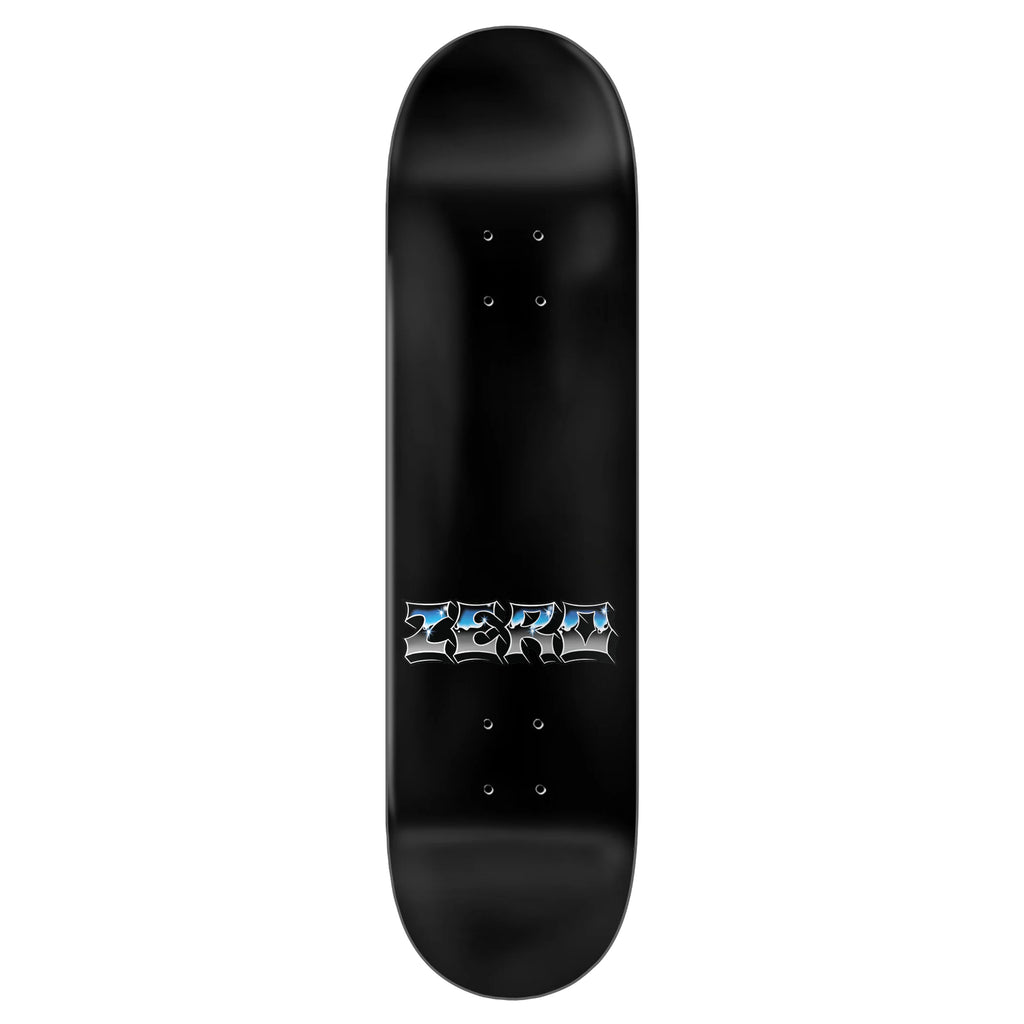 The ZERO CHROME skateboard deck highlights the brand name "ZERO" in stylized lettering at its center, utilizing Resin7 Construction. It features a medium concave for top performance and draws design inspiration from the Burman Headwound skateboard series.