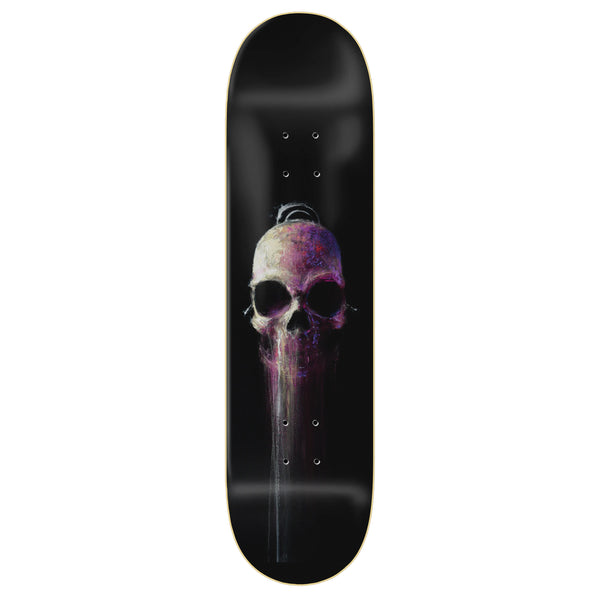 A ZERO skate deck with a glossy black finish and a white skull graphic in the center.