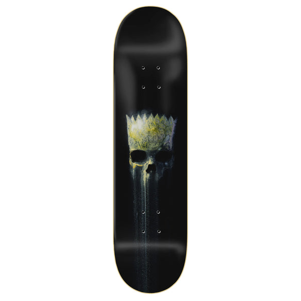 A black ZERO skateboard deck with a graphic design of a skull made from white flowers on the underside, inspired by Springfield horror.