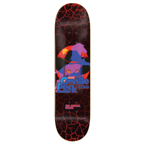 Skateboard deck featuring a graphic design with a stylized cartoon face, "Springfield Horror" text, and a cracked red background from ZERO ORVILLE PECK "RODEO" deck.