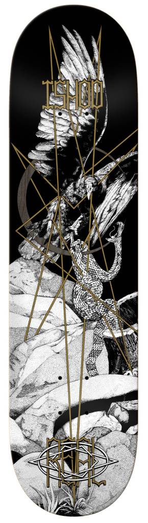 The REAL WAIR FOREST FRIENDS 8.25 skateboard deck by REAL showcases an eagle and snake graphic intersected by gold geometric lines, with "ISHOD" displayed at the top.