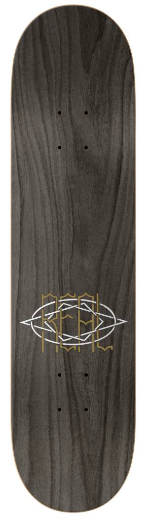 The REAL WAIR FOREST FRIENDS 8.25 by REAL is a dark wood skateboard deck with a geometric gold and white graphic design near the center.