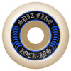 A white SPITFIRE skateboard with a blue and black design.