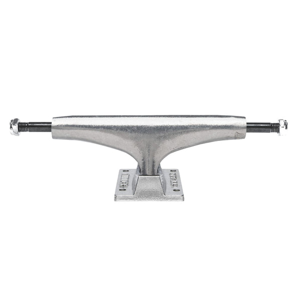 A silver THUNDER 147 TEAM HOLLOW POLISHED skateboard truck on a white background.