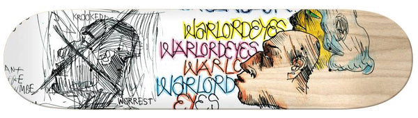 The KROOKED BOBBY WORREST WARLORDEYES 8.25 skateboard deck by KROOKED features two detailed, sketched profiles of human faces, with the left face in black and white and the right face in color, overlaid with colorful text.