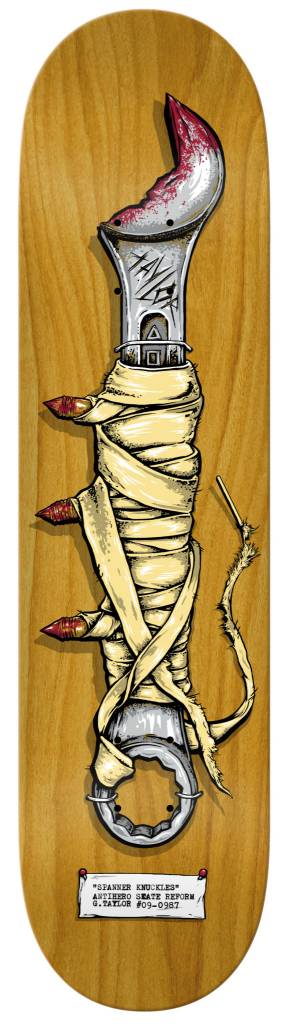 An ANTIHERO wooden board with a drawing of a needle and thread.